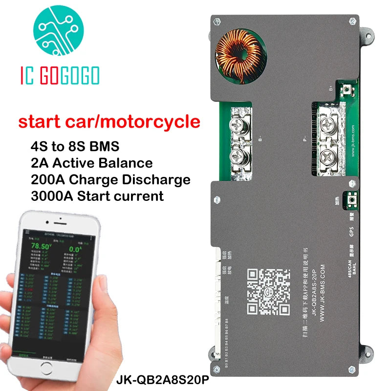 Jikong Start Car 4S to 8S 2A Active Balance BMS 3000A Engine Motorcycle 200A Charge Discharge Protection Board JK 12V 24V Smart