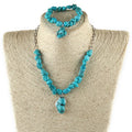 Fashion Women Handmade Jewelry Irregular Blue Turquoise Alloy Chain Necklace Bracelet Set