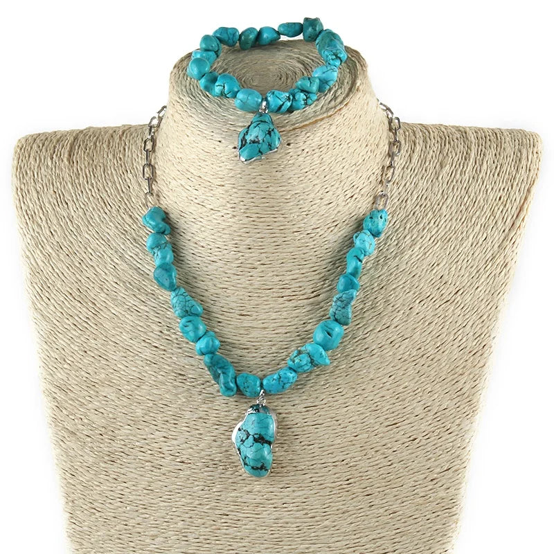 Fashion Women Handmade Jewelry Irregular Blue Turquoise Alloy Chain Necklace Bracelet Set
