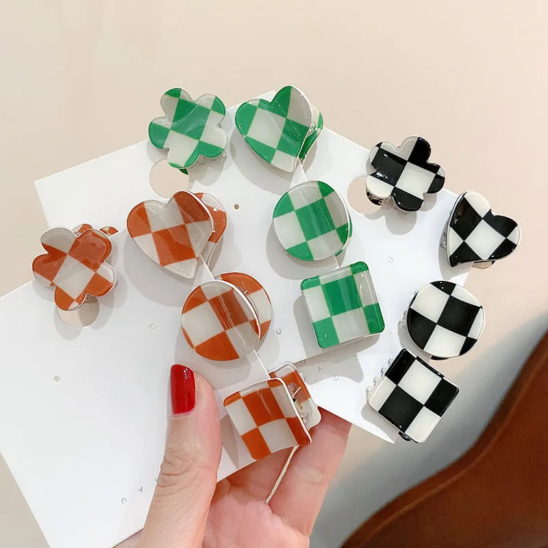 Ins Cute Plaid Wavy Mini Flower Acetate Acrylic Accessories Heart Hairgrips Stripe Barrette Checker Claw Checkered Hair Clip