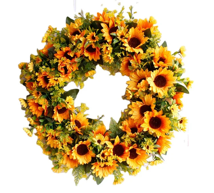50cm Artificial Sunflower Summer Wreath Decorative Flower Wreath With Yellow Sunflower and Green Leaves for Front Door