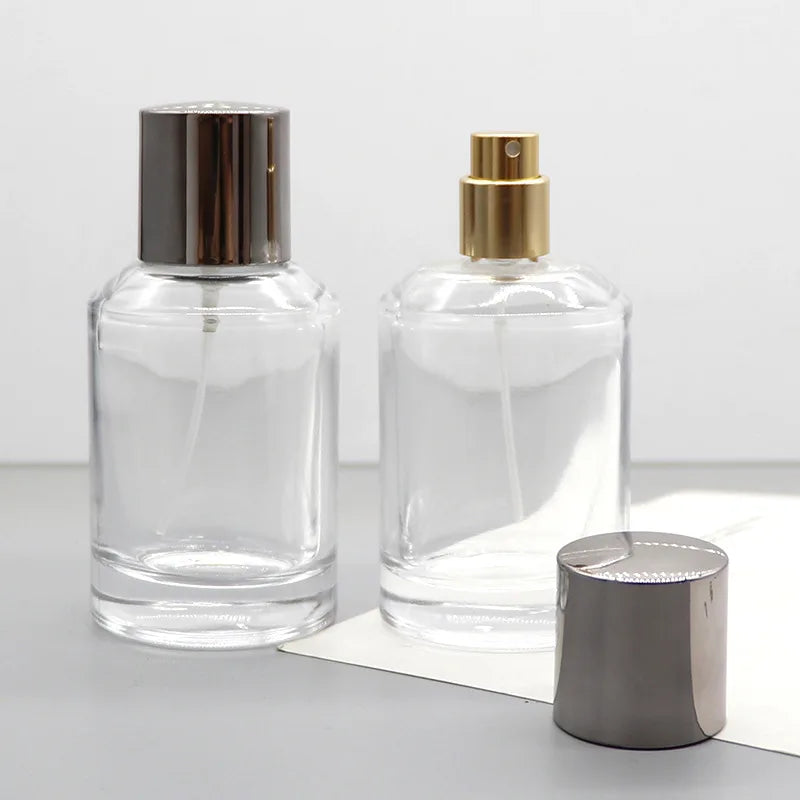 High Quality   50ml Empty Cylinder Perfume Glass Bottle  Crimp Parfum Glass Bottles with SIlver Cap