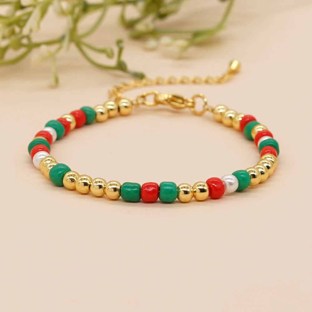 Go2boho New Christmas Day Design Boho Cute Waterproof Gold Beaded Bracelets Imitation Pearls Stretch Fashion Jewelry for Women