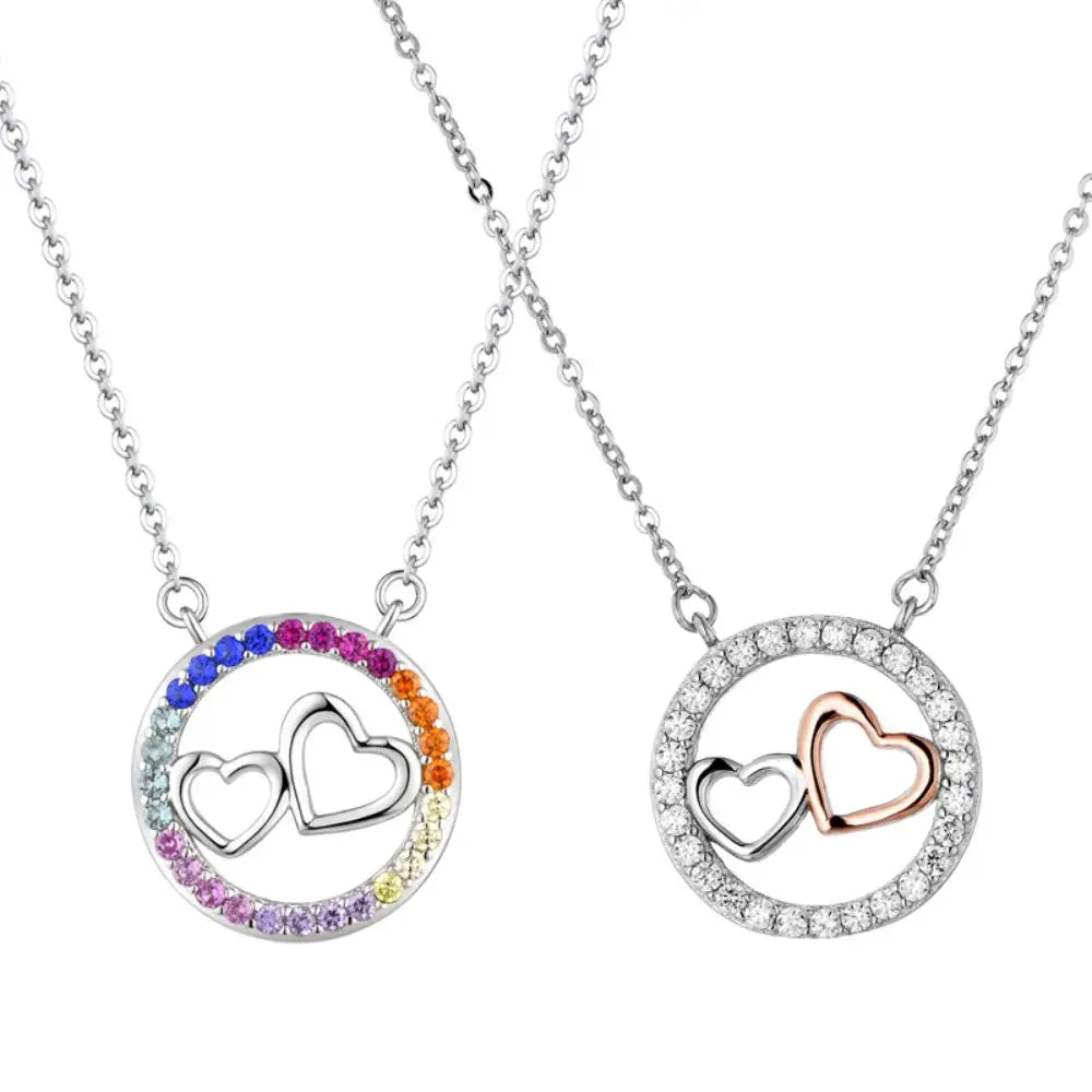 Custom Sterling Silver Gifts Rhodium Plated Personalized Zirconia Colorful Gem Stone Double Heart Pendant Necklace