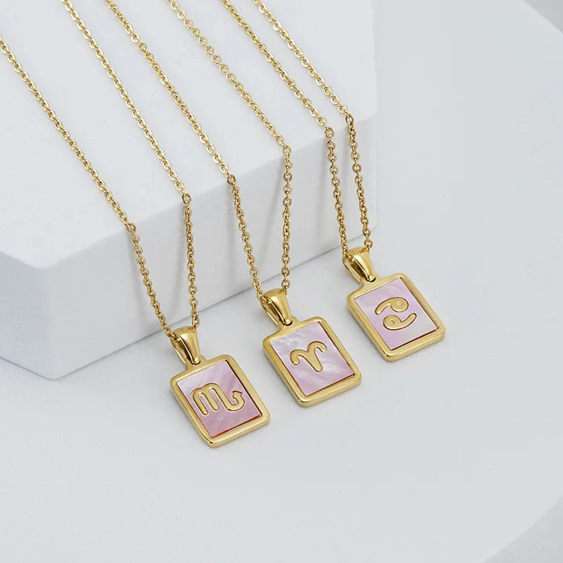 Dainty 18K Gold Plated Pink Shell Pendant Necklace Jewelry Gifts Stainless Steel Square 12 Horoscope Zodiac Sign Shell Necklace