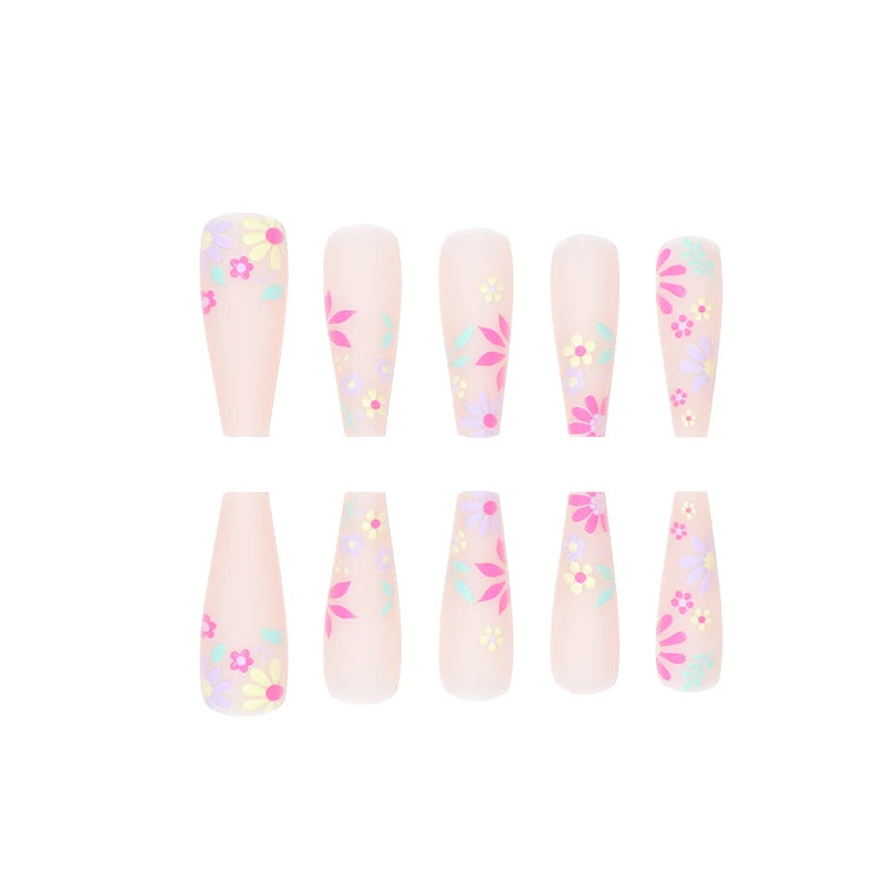 Y-128 0-10-size French ABS Ballet Artificial Press on False Nails Temooi Brand Spring Design with Flowers for Finger Application