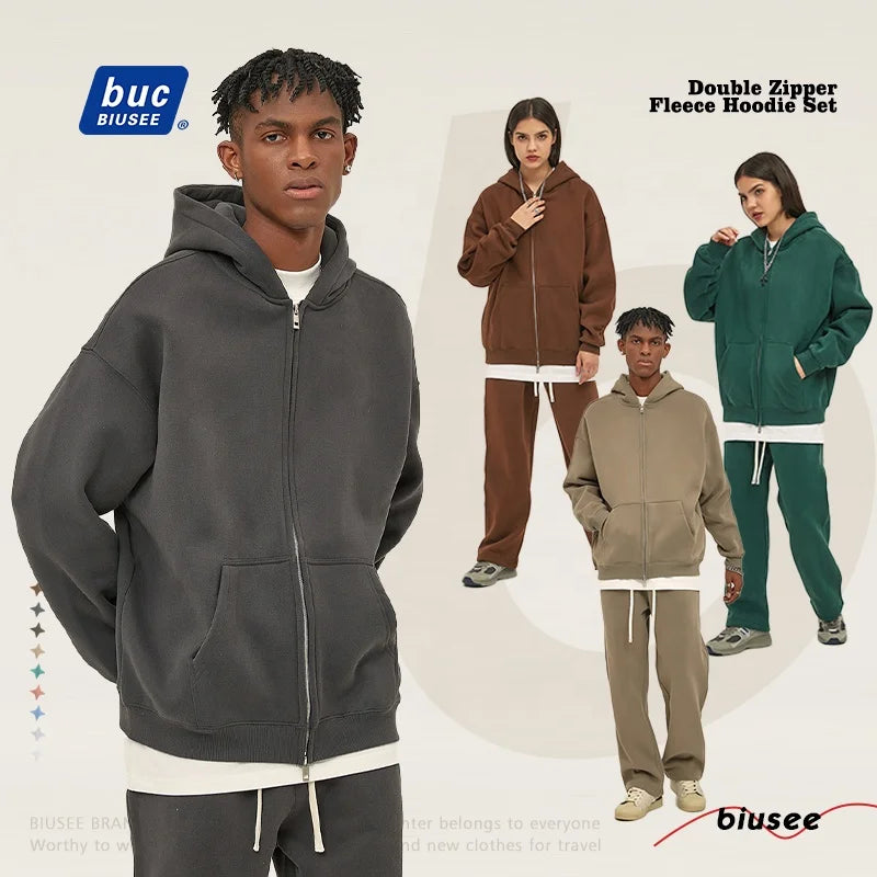 High Quality Cotton Heavy Weight Oversize Suit Fleece Drop Shoulder Plain Blank Custom Streetwear Sets