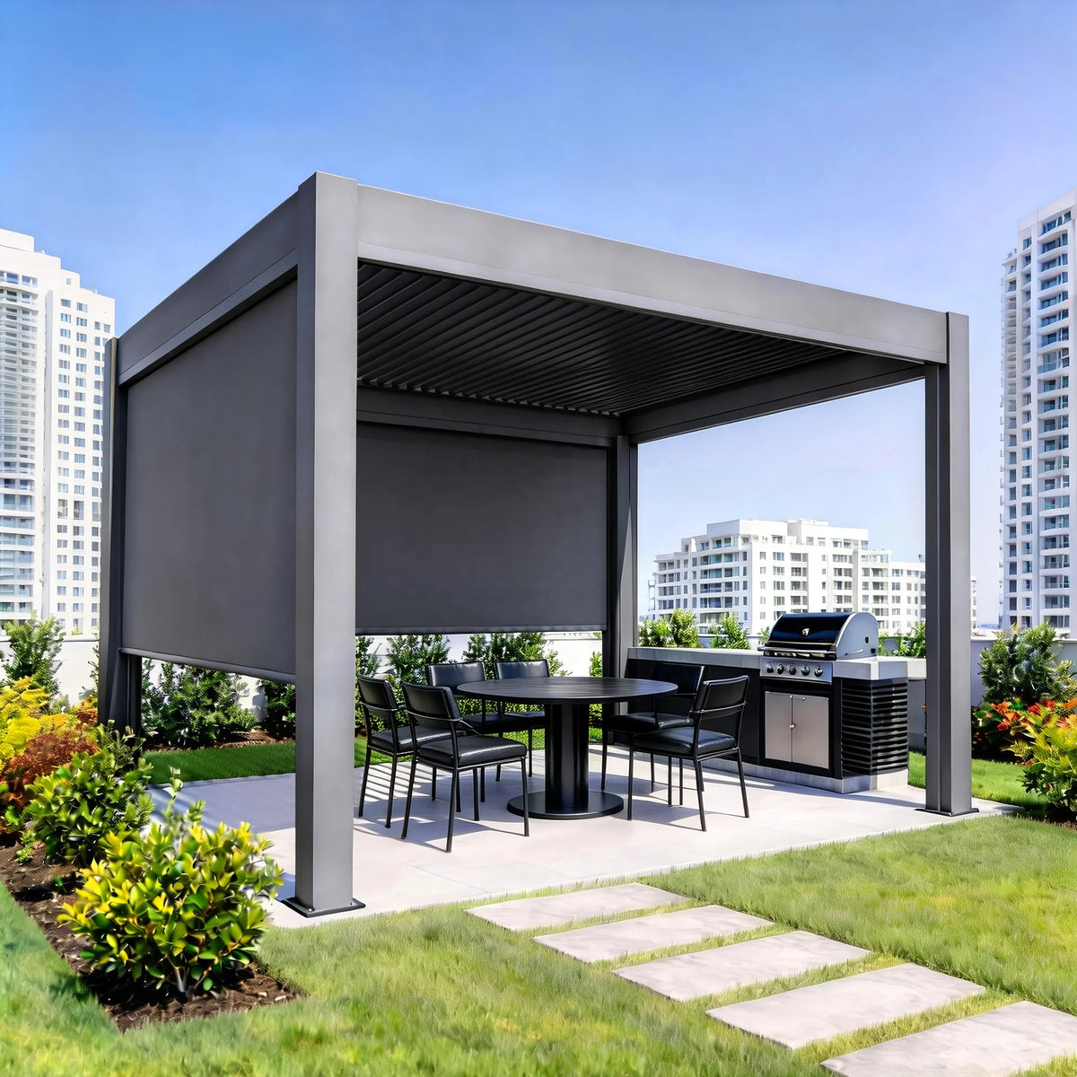 Motorized Smart Roof Louver Sun Terrace Outdoor Rainproof Gazebo Bioclimatic Powder Coated Pavilion Aluminum Pergola with Lights MegaBDM