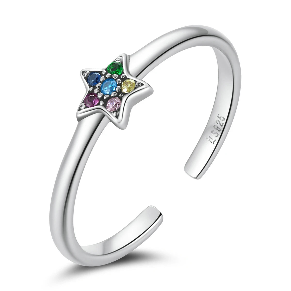 Factory Shining Star Ring Adjustable 925 Sterling Silver Dazzling Moon Inlaid with Rainbow CZ Ring for Women Fine Jewelry SCR777