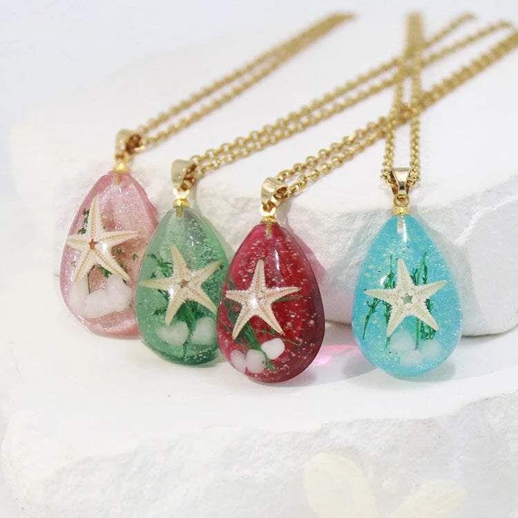 Glowing Real Starfish Luminous Stone Necklaces Fashion Jewelry Epoxy Resin Water Drop Pendants Necklace with Stainless Chain