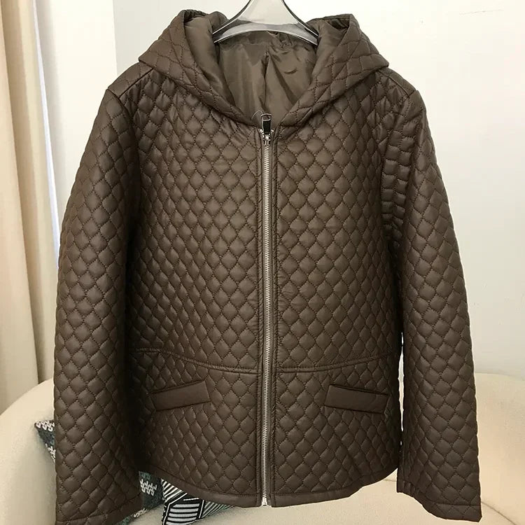 OFTBUY Luxury Brand Outerwear New Spring Winter Woman Faux Leather Jacket Hooded Cotton Parka Coats Thin Luxury Streetwear Tops