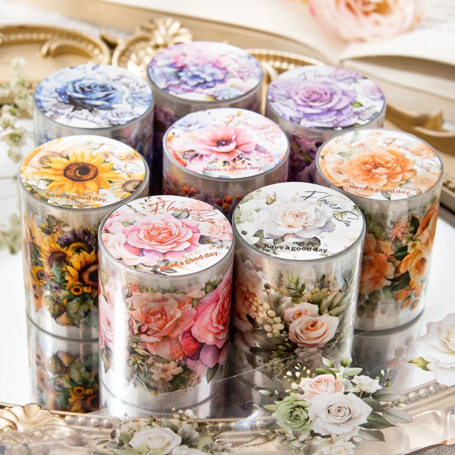 2M/Roll Flower PET Tape Encounters Flower Sea Series Plant Hand Ledger DIY Material Decoration Circular Sticker 8 Styles