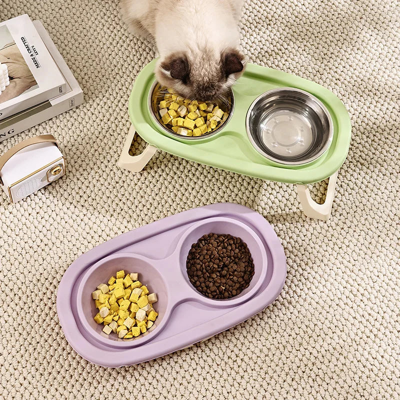 Foldable Stainless Steel Pet Double Bowls for Cats Dogs Feeders Dinner Plate Heightened Dog Food Water Bowl Cat Bowl