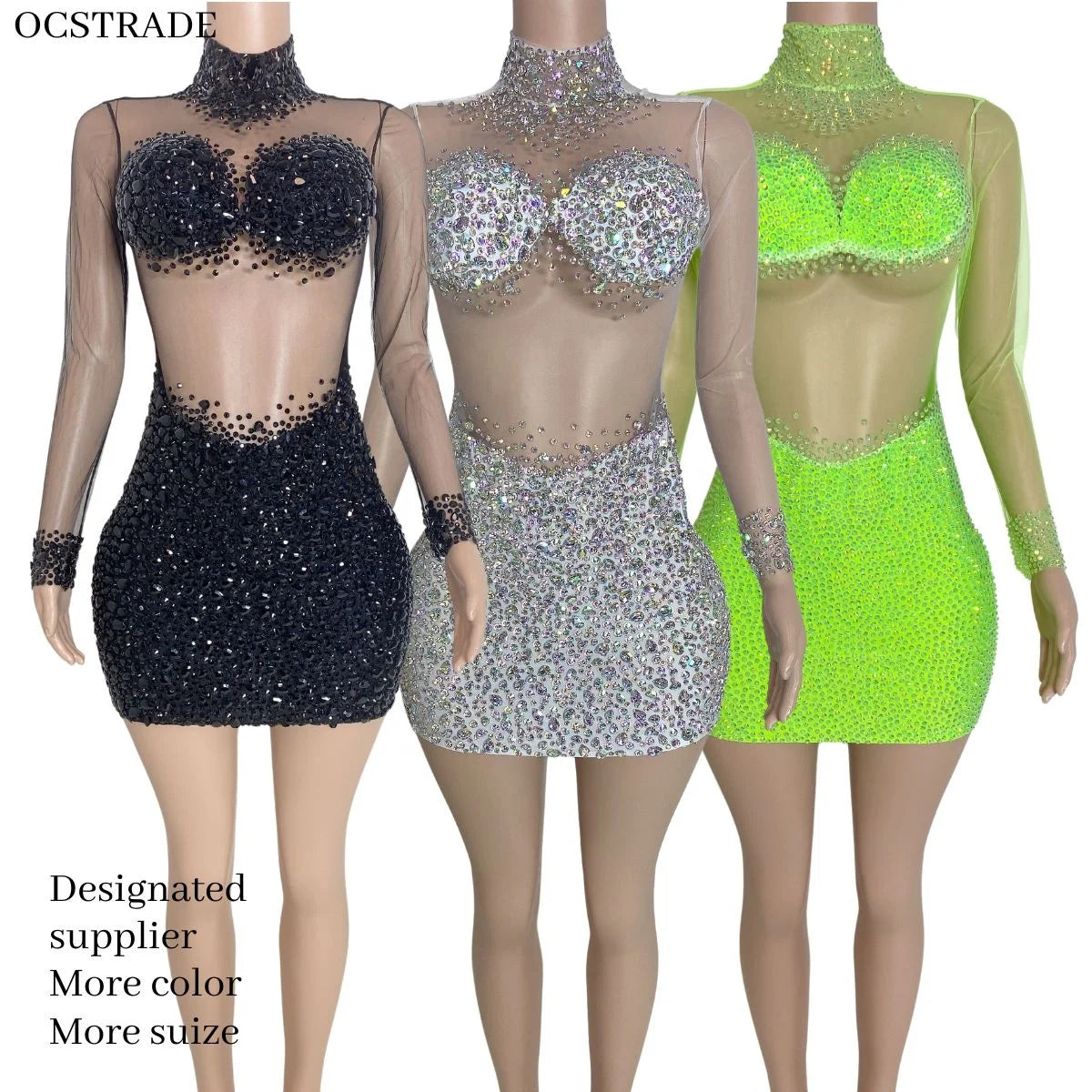 Ocstrade Summer Women Clothes Rhinestone Turtle Neck Woman Mini Dress Long Sleeve Elegant Sexy Party Dresses Women Night Club