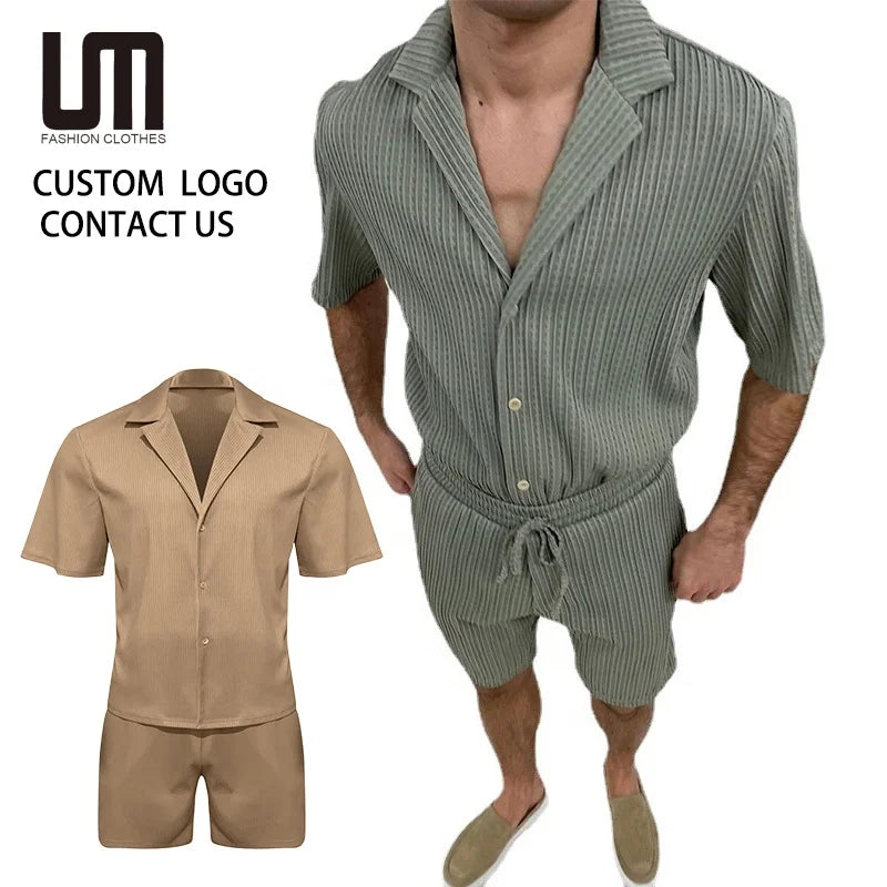 Men 2025 Summer Casual Striped Short Sleeve Shirt & Shorts Set Fashion Two-Piece Tracksuit Loose Fit Streetwear Outfit Wholesale