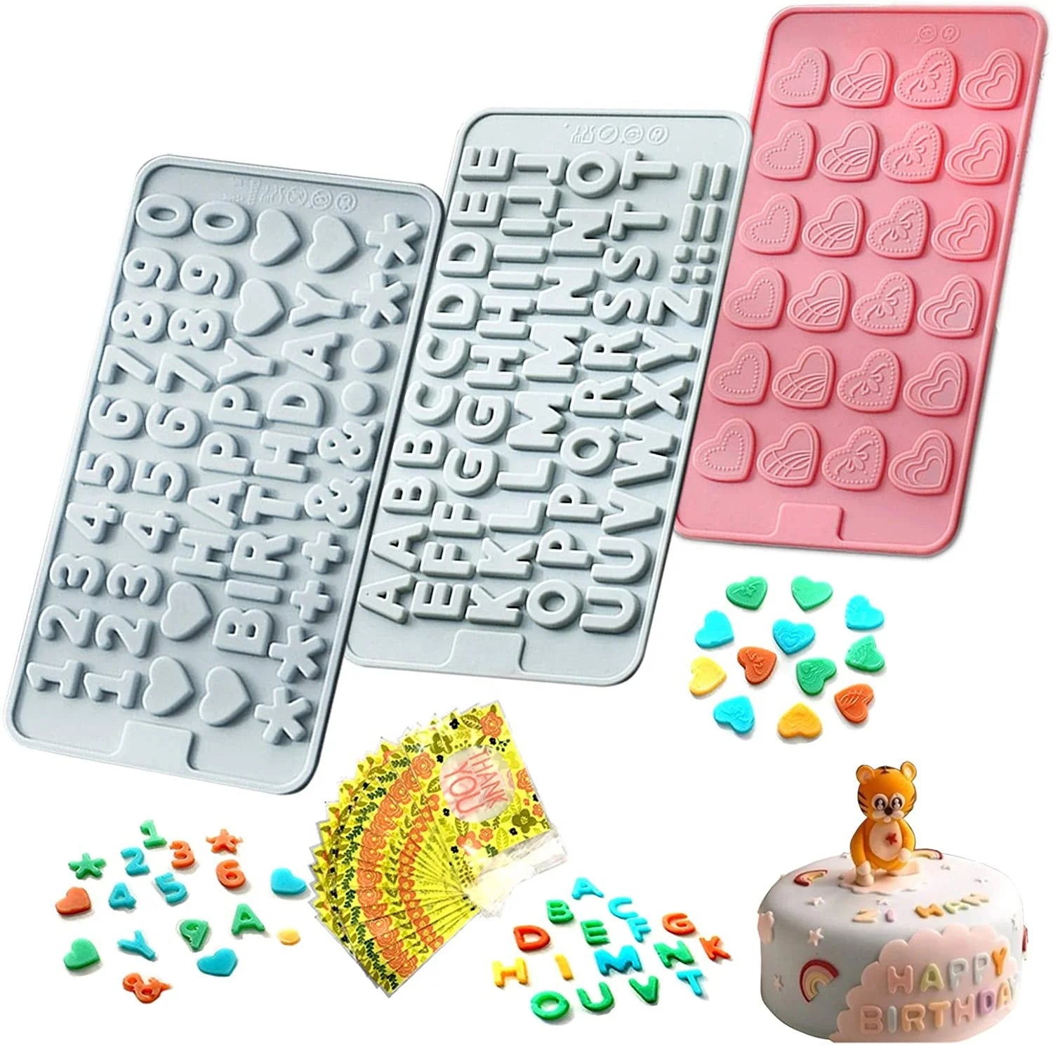 Chocolate Mold Candy Molds Silicone Shapes of Letter Number Happy Birthday for Jello Baking Cake Making Supplies 4 Pack