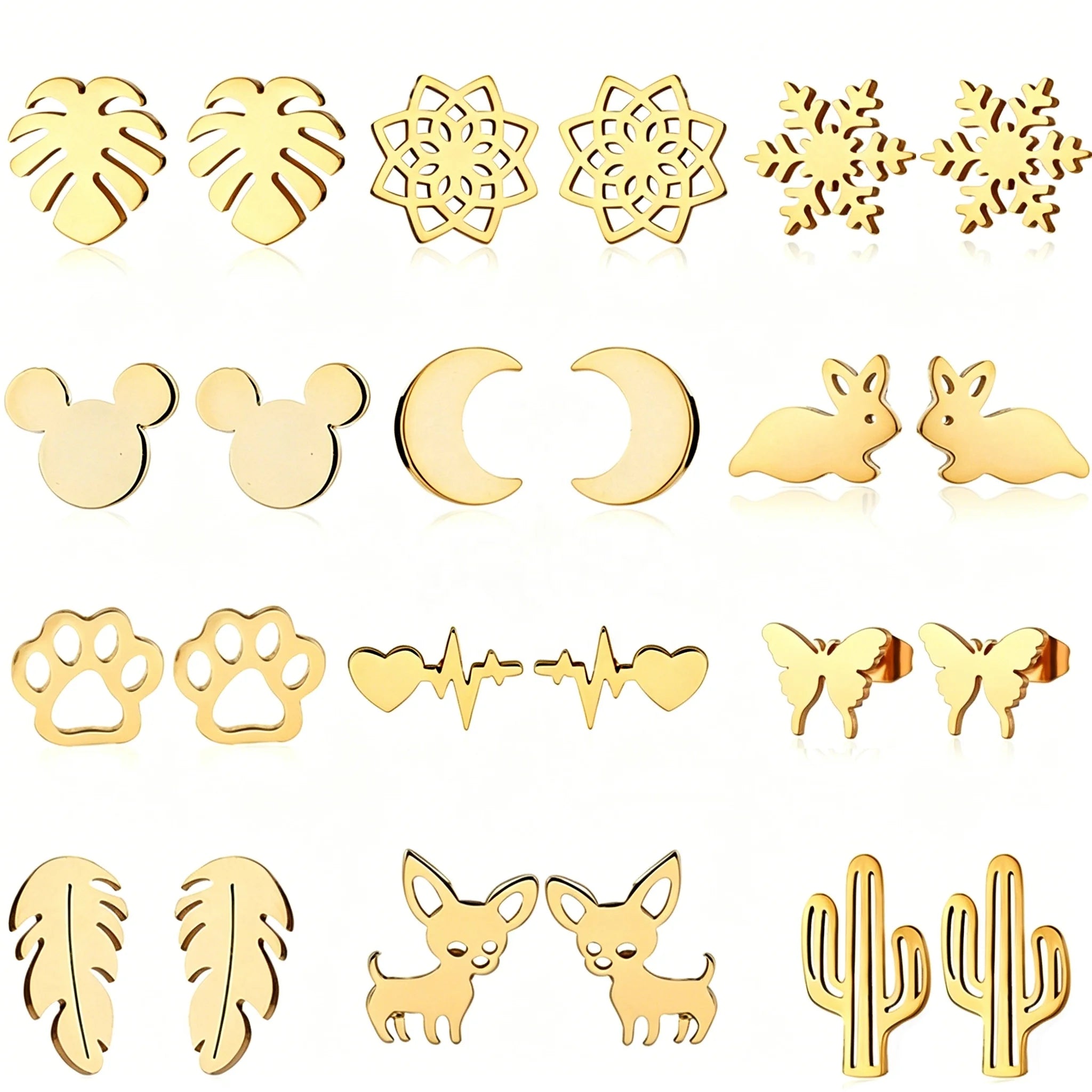 Fashion 18K Gold Silver Plated Small Flower Mickey Butterfly Moon Cross Heart Woman Stainless Steel Stud Earring Jewelry