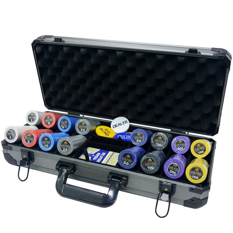 Hot Sale 500pcs/set Casino Clay Texas Hold'em Custom Black Jack Metal Coins with Thickening Suitcase Poker Chip Sets Supplier