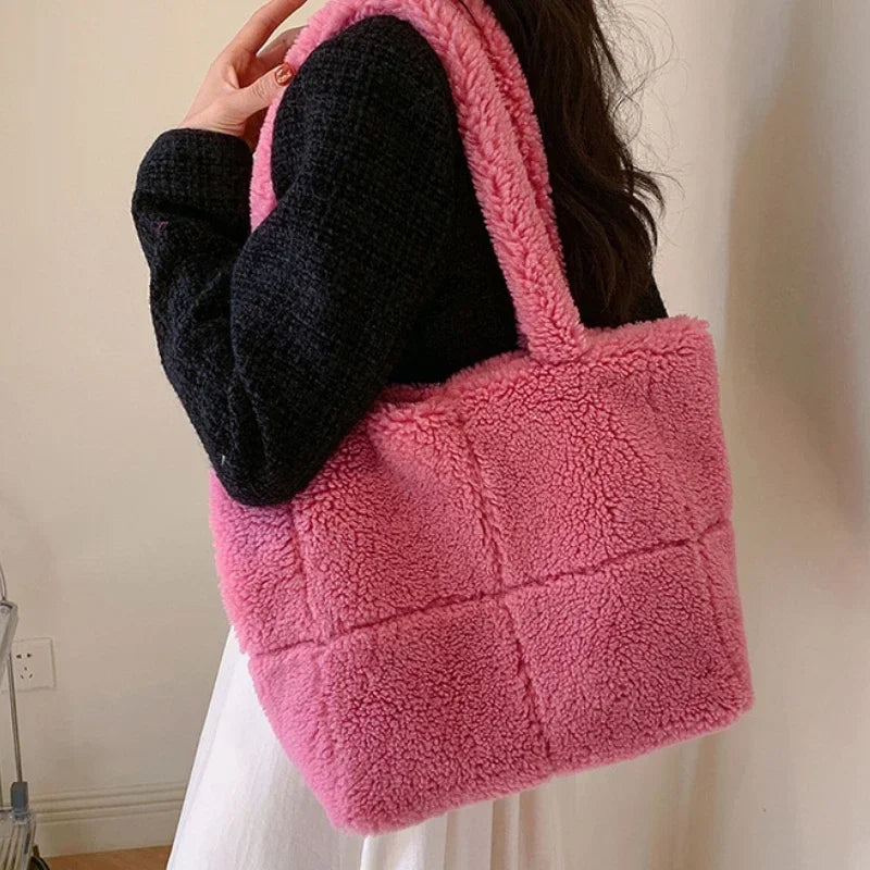 Faux Lamb Wool Casual Women's Shopping Tote Large Capacity Ladies Soft Plush Shoulder Bags Solid Color Female Furry Handbags