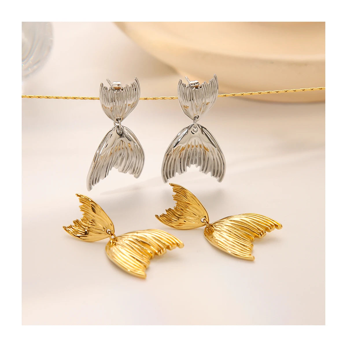 Hot Selling 18K Gold Plated Stainless Steel Fishtail Inspired Stud Earrings Designer Earrings Pearl Diamond Women Party Occasion