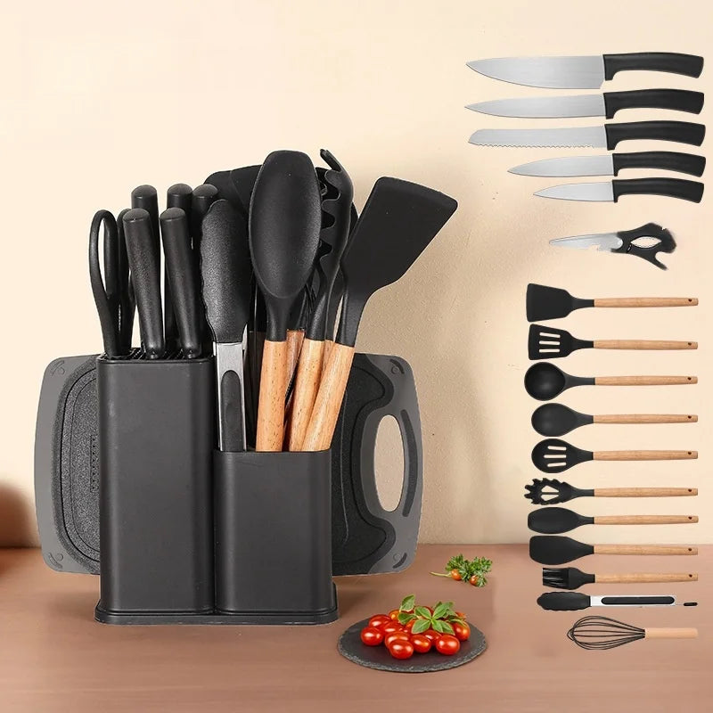 19-Piece Silicone Kitchenware Set with Wooden Handle Non-Stick Cooking Scoop Multi-Functional Integrated Knife Storage Bucket