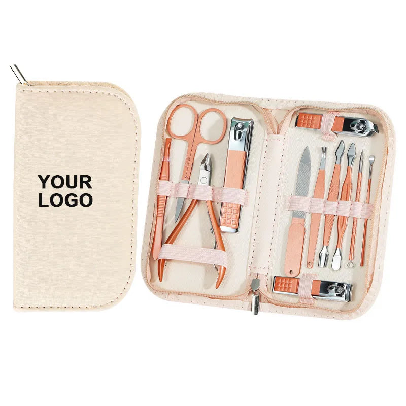 12pcs All in One Manicure Set Professional Portable Pedicure Care Tools Kits Stainless Steel Nail Clipper With pink Leather case