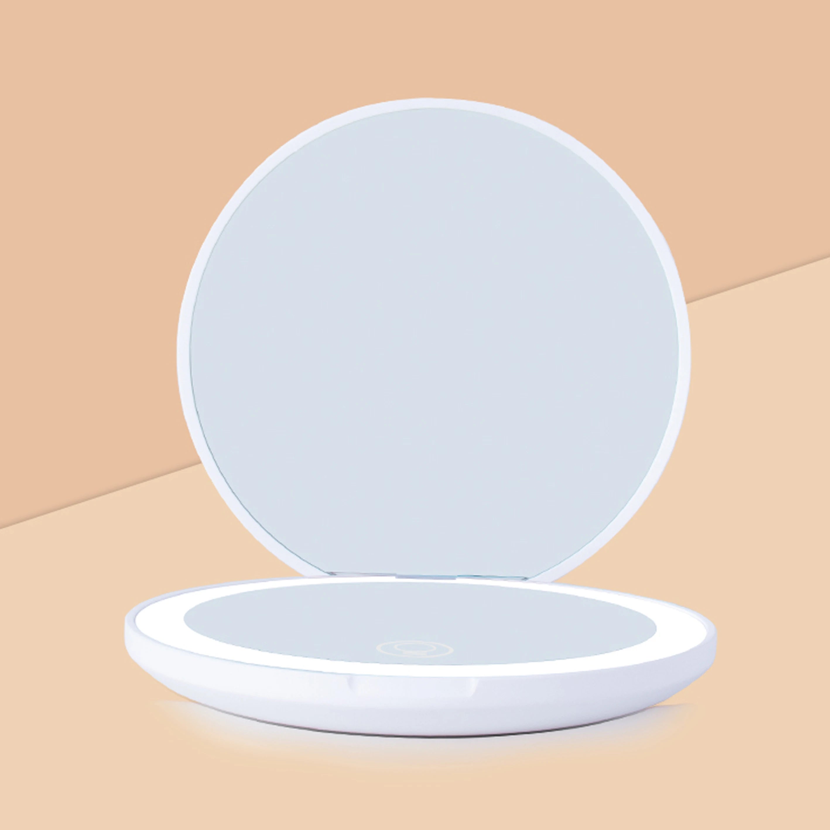 Wholesale Custom Logo Handheld Mirror Private Label Compact LED Pocket Mirror LED Lights Travel Small Portable Makeup Mirror