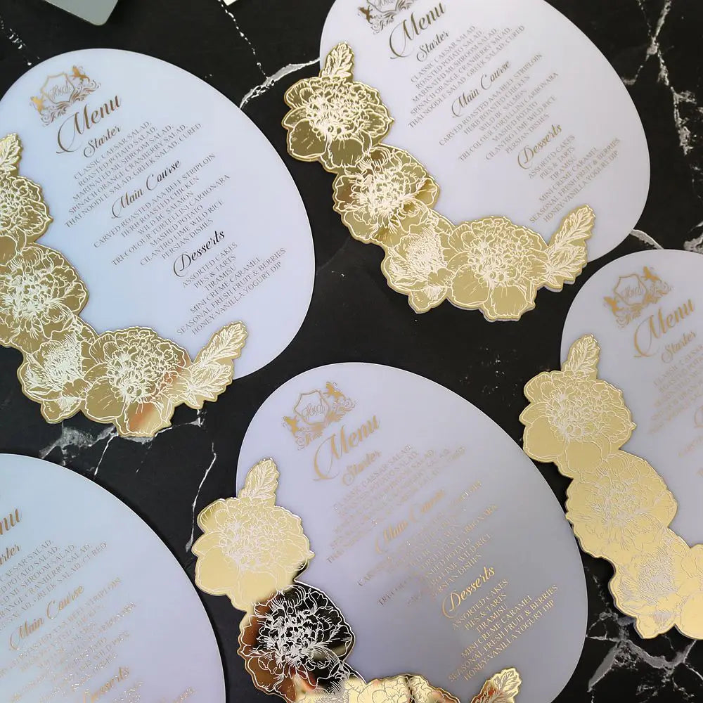 Custom Waterproof Oil Resistant White Gold Mirror Acrylic Menu Cards for High End Wedding Restaurant Hotel MegaBDM