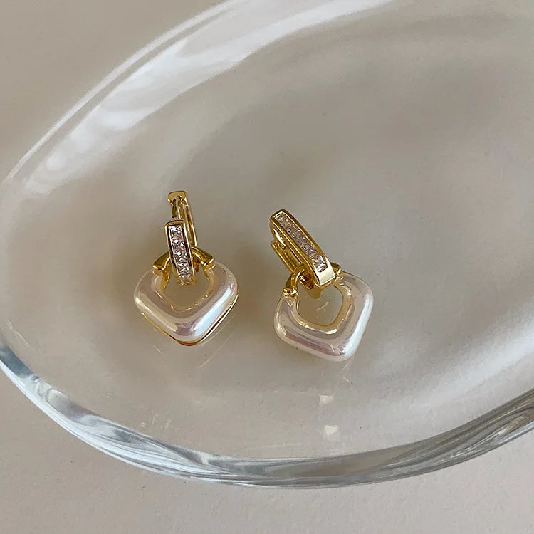 Real Gold Plating Micro Paved Cubic Zircon Square Pearl Earrings 925 Silver Post Diamond Pearl Pendant Earrings