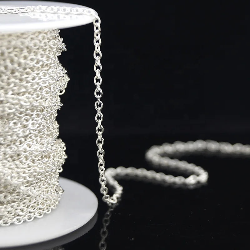 Factory Wholesale Semi-finished Round Wire Oval Link Thin Cable Silver Chain Roll Siver 925 Jewelry for Permanent Making