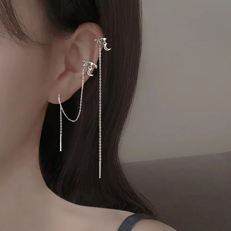 2022 New Design Rhinestone Long Chain Moon Diamond Earbone Clip Crystal Moon Crescent Tassel Piercing Earring Women