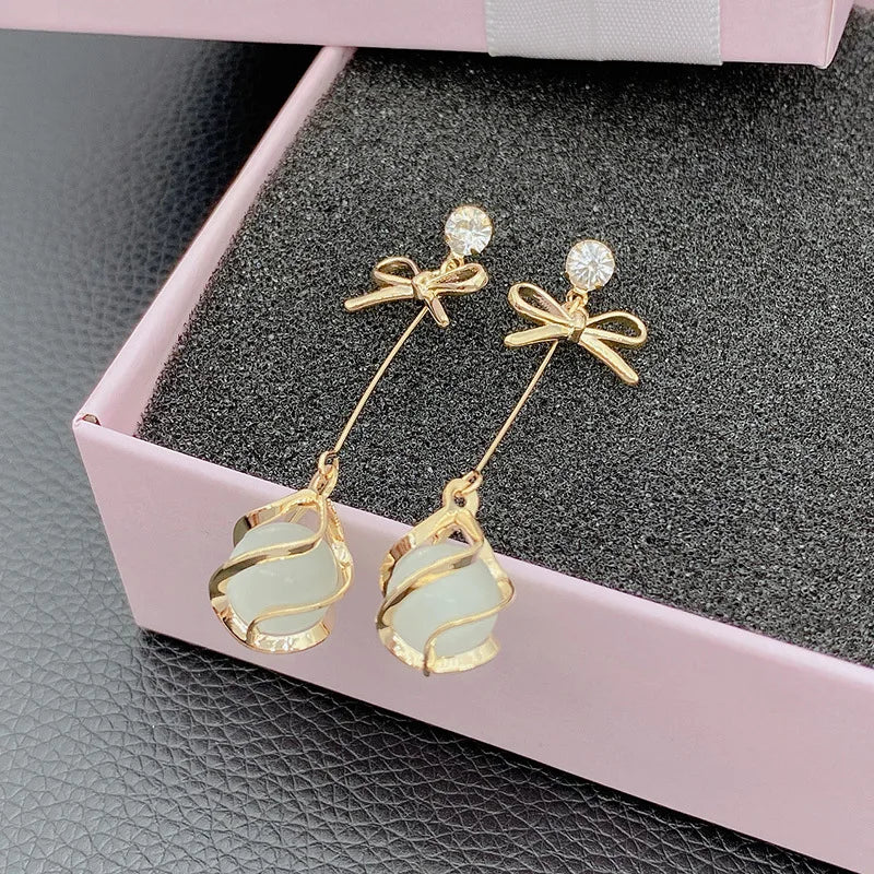 Gold Statement Bow Earrings Silver Bow Dangly Zircon Stud Earrings Cute Sparkly Bow Opal Earrings to My Dauther