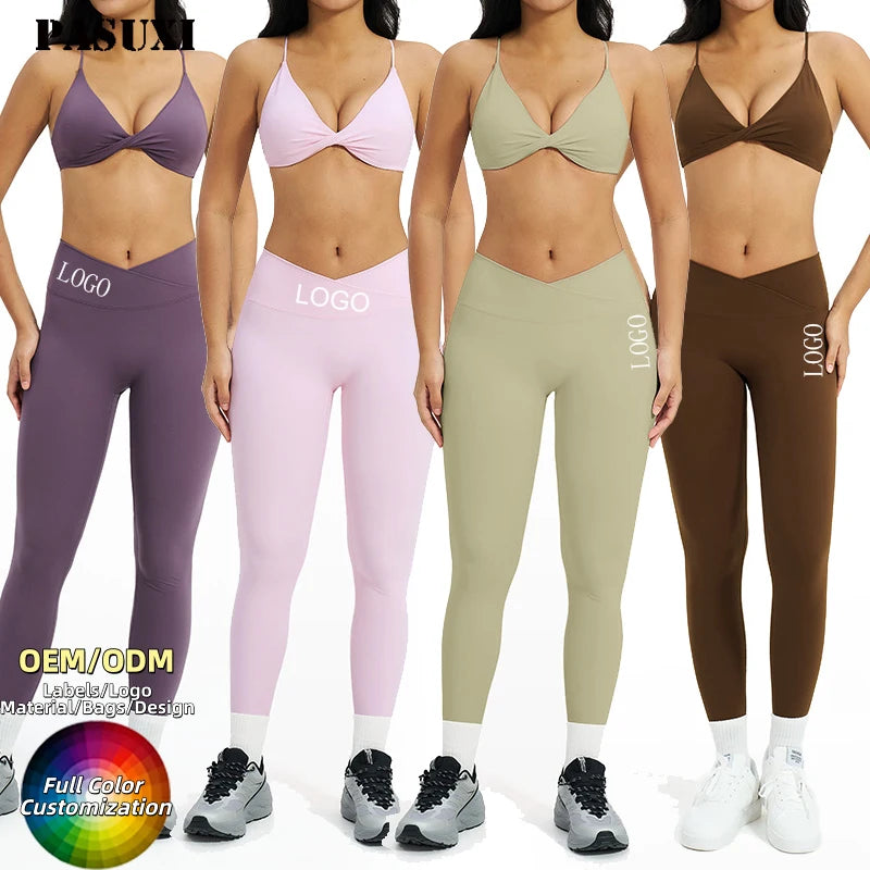 PASUXI 2 Piece Yoga Set Women V-Waist High Waist Gym Leggings and Twist Front Sports Bra Butt Lift Workout Tracksuit Fitness