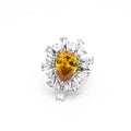 New Trendy Fine Jewelry Glam Rhodium Plated Luxury 925 Sterling Silver Teardrop Yellow Austrian Crystal Citrine Ring for Women