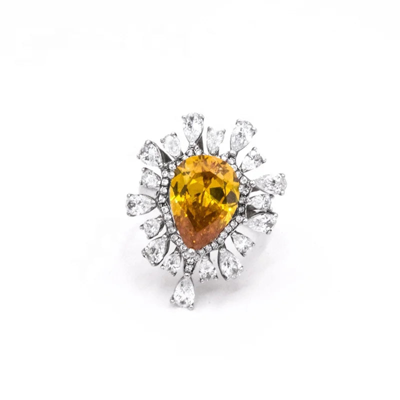 New Trendy Fine Jewelry Glam Rhodium Plated Luxury 925 Sterling Silver Teardrop Yellow Austrian Crystal Citrine Ring for Women