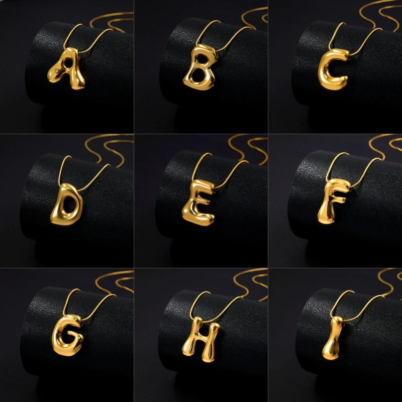 Stainless Steel Wholesale Jewelry Gold Plated Initial 3D Liquid Bubble Letter Pendants and Charms Chunky Choker Ladies Necklace