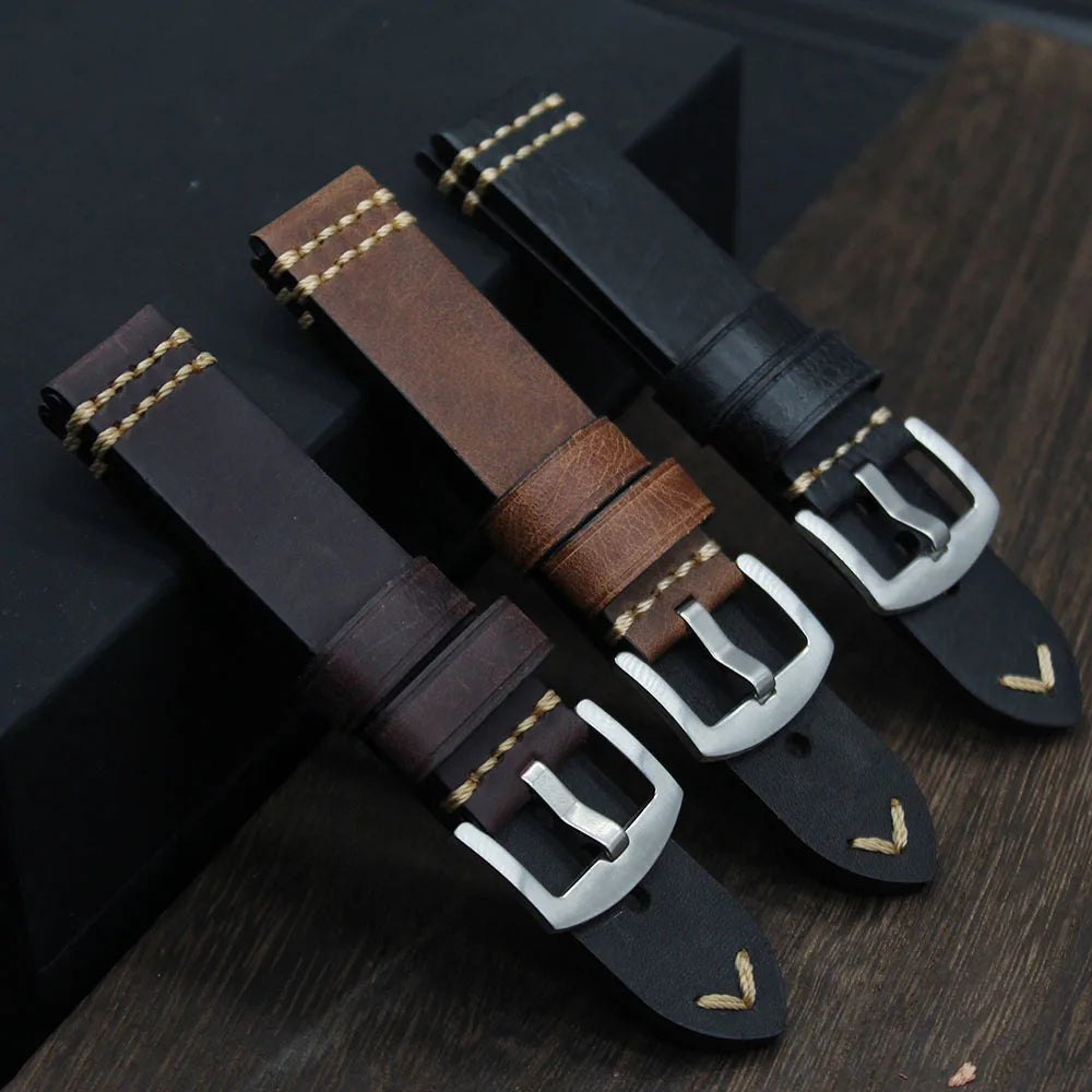Vintage Luxury Penarai Crazy Horse Leather Watch Strap 20mm 22mm 24mm Handmade Thread Quick Release Watch Strap Replacement
