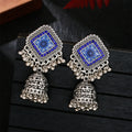 Women Big Rhombus Silver Crystal Gemstone Indian Earrings Jhumka Vintage Earrings Drop Bells Tassel Palace Earrings