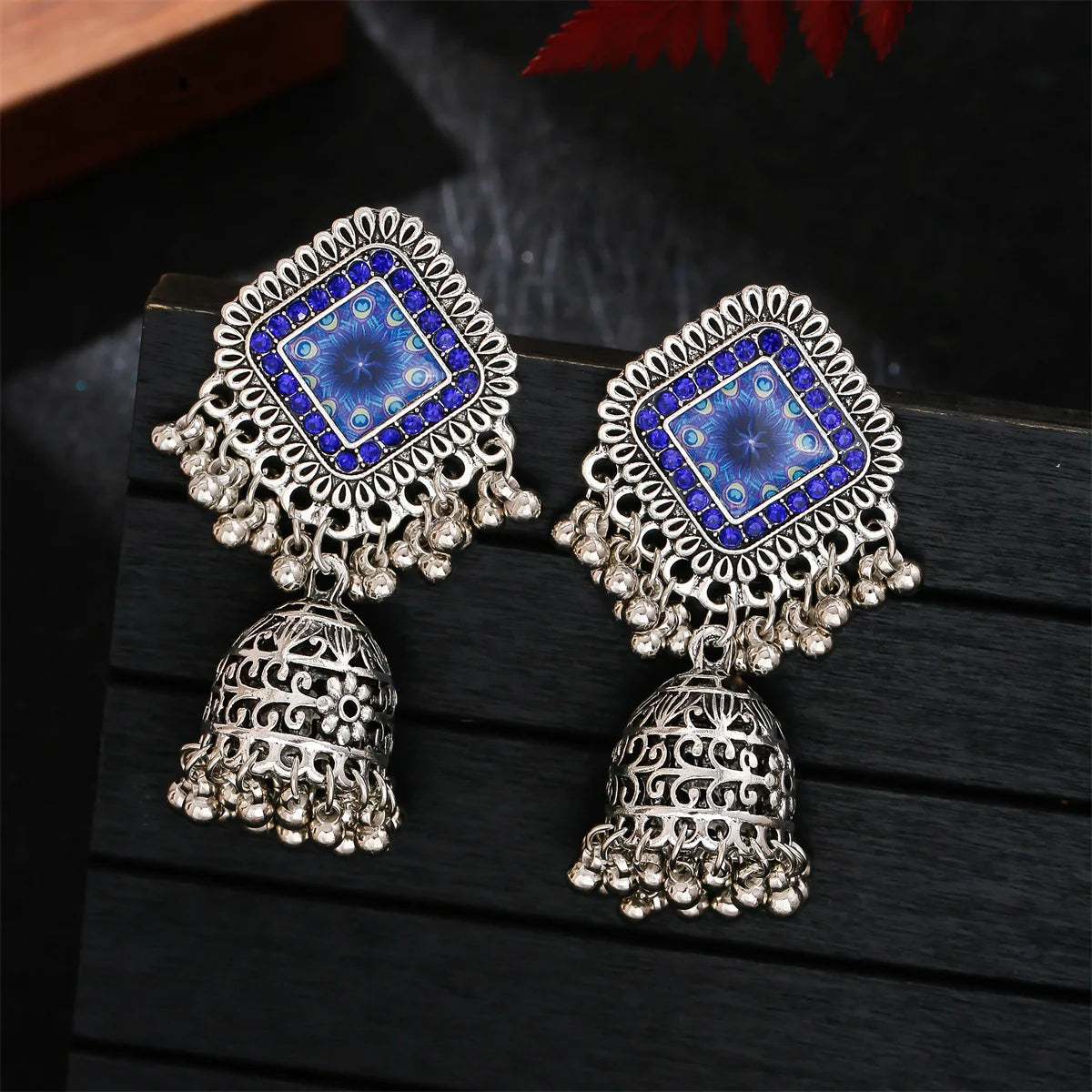 Women Big Rhombus Silver Crystal Gemstone Indian Earrings Jhumka Vintage Earrings Drop Bells Tassel Palace Earrings