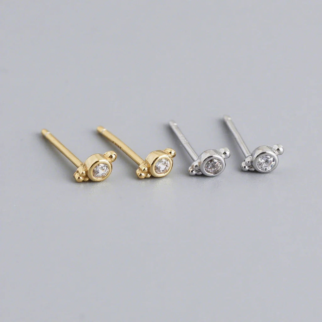 FUAMAY Round Bezel Setting Cubic Zirconia Stud Earrings Gold Plated Tiny Sterling Silver Earrings Stud Post for Girl Engagement