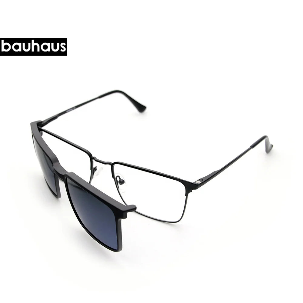 X107 Delicate Slim Square Metal Eyeglasses with Magnetic Sunglasses Clip on