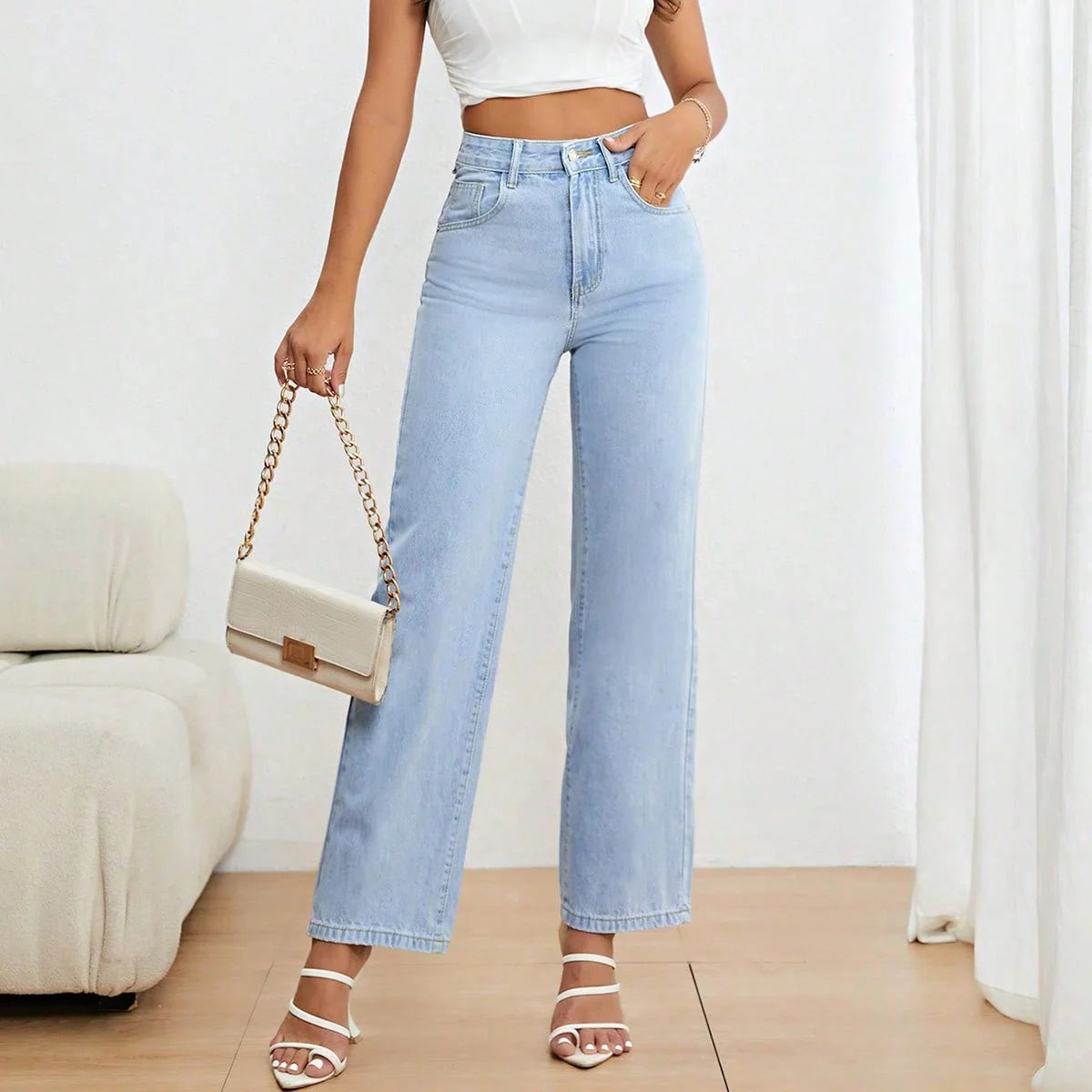 Women's Casual High Waist Straight Jeans Breathable Blue Denim Fabric Loose-Fit Wide-Leg Long Pants Simple Fashion Woven Weave