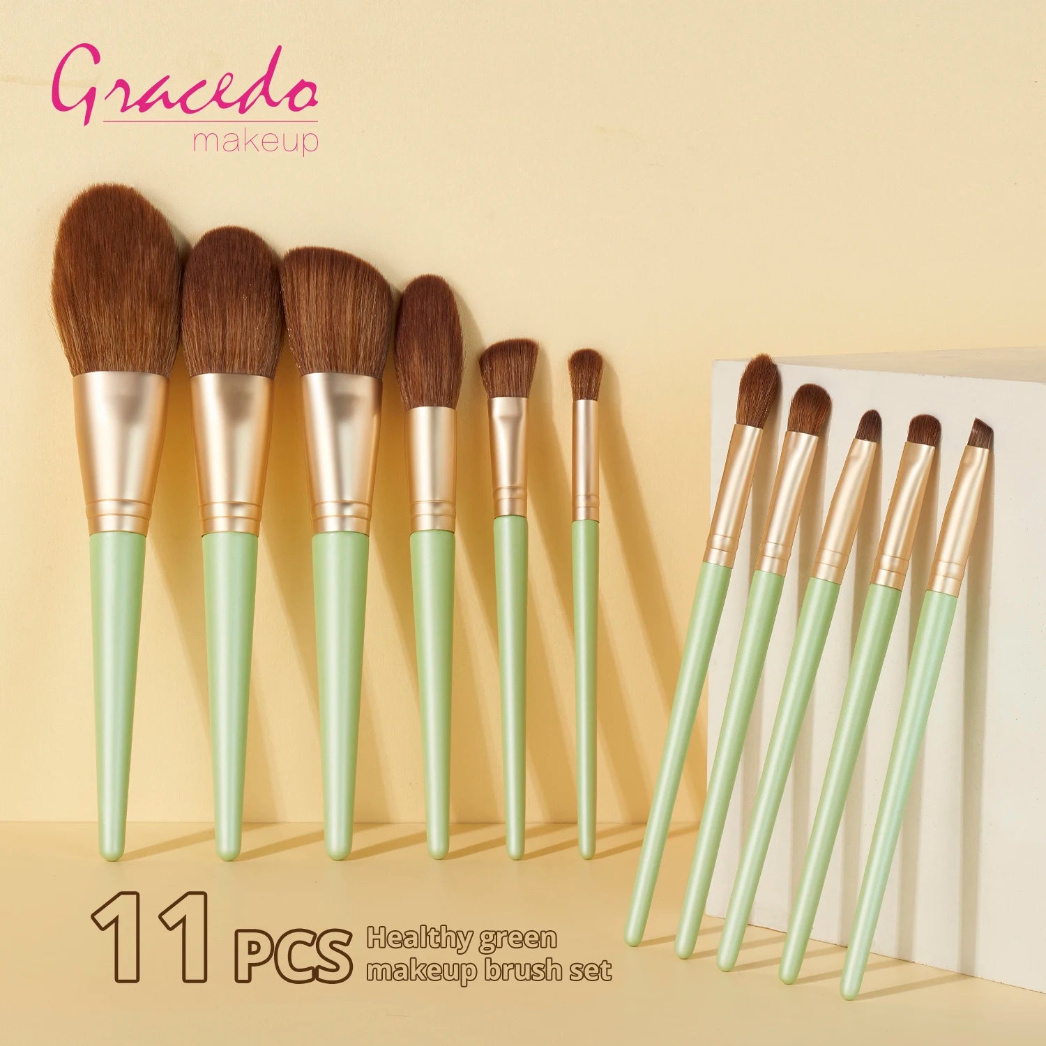 Gracedo 11-Piece Green Synthetic Hair Makeup Brush Set Concealer Shaving Brush Face Tools-Professional Makeup Kit (Aluminum