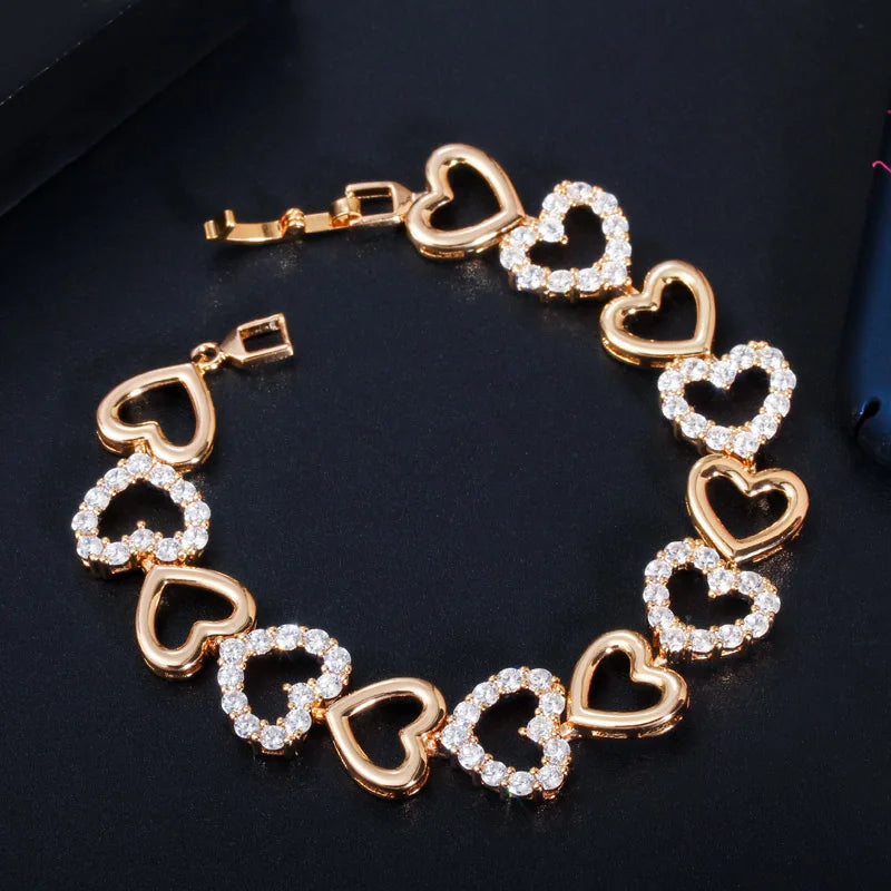 Classic 585 Gold Plated Love Heart Shape Cubic Zircon Tennis Bracelet for Women Trendy Wristband Girlfriend Gifts  CZ Jewelry