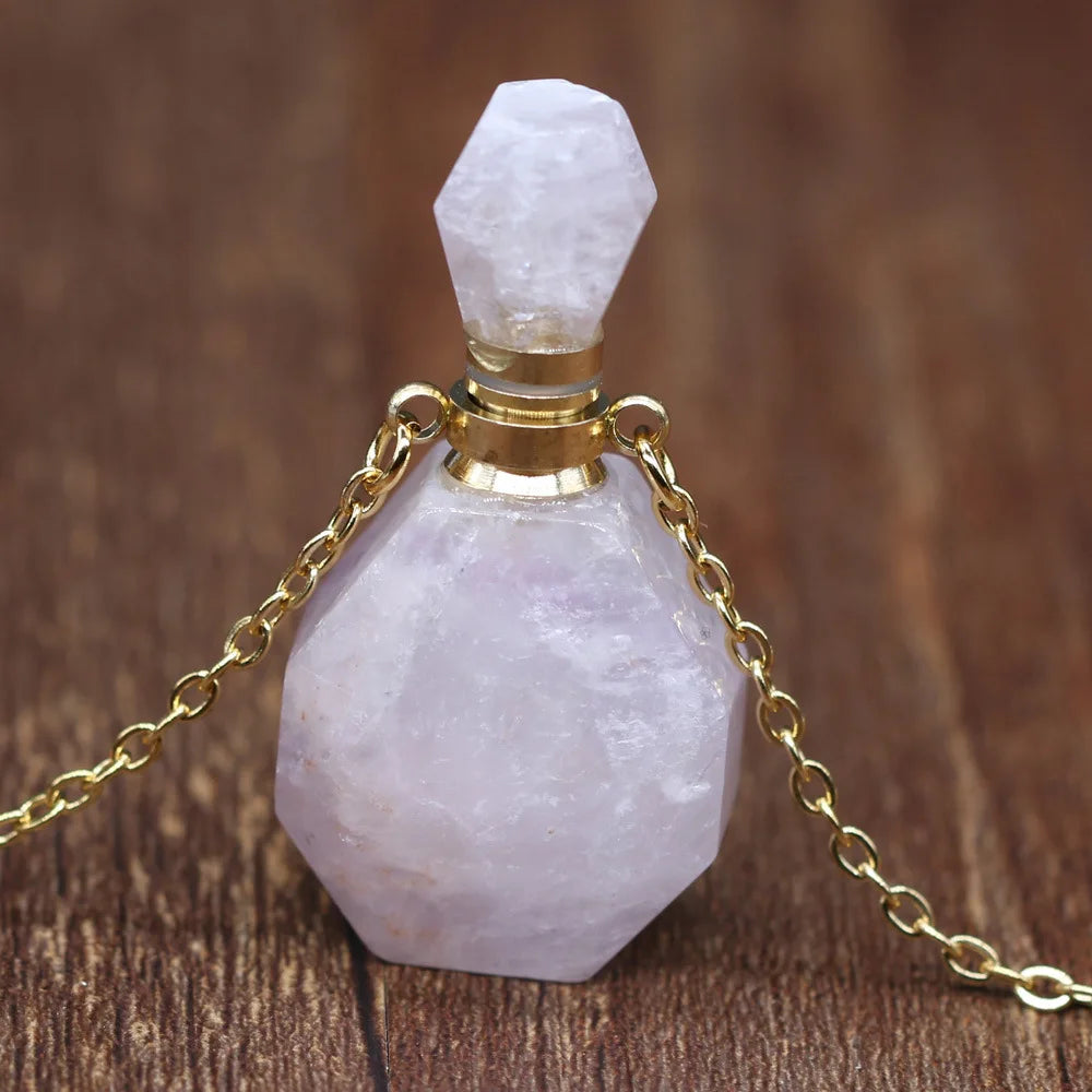 Fashion Women's Essential Oil Vial Perfume Bottle Pendant Crystal Necklace Amethyst Gemstone Crystal Jade Stone Link Party