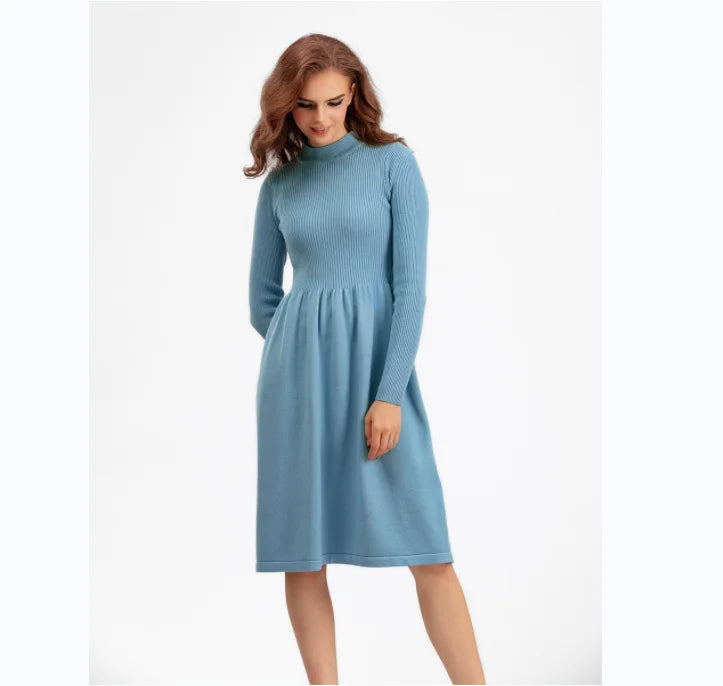 Autumn Winter Women's Classy Turtleneck Sweater Dress Long Sleeve Knitted Tight Ribbed Solid Pattern Big Swing Winter Look