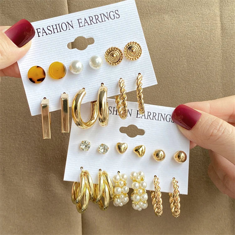 VKME New Wholesale Trendy Gold Smooth Chunky Hoop Earrings Set for Women Twisted Alloy Pearl Button Stud Earrings Jewelry