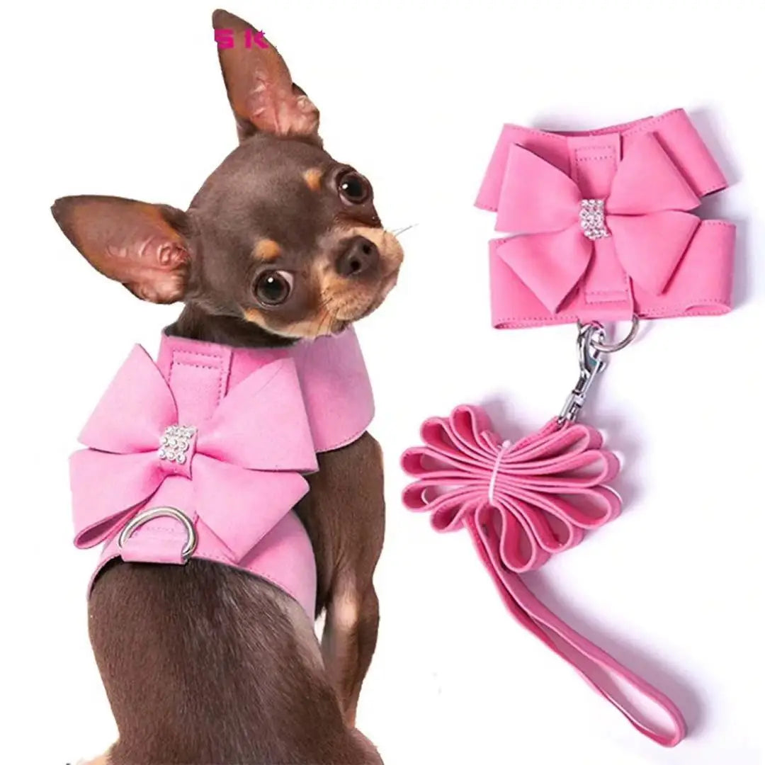 Pet Dog Vest Harness and Leash Set for Small Medium DogsLovely Bow Suede Harness with RhinestonesChihuahua Puppy Pink Girdle