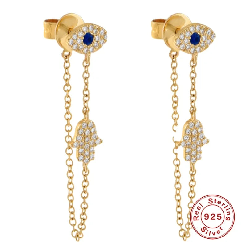 Aimgal Evil Eye Hamsa Stud Earrings Gold Plated S925 Silver Chain with Palm Pendant Piercing Design Fine Jewelry