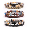 Mens Natural Stone Bracelet Jewelry Vintage Color Genuine Leather Stainless Steel Cross Charm Elastic Bracelet Set